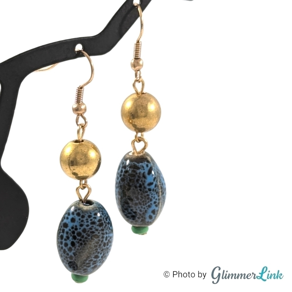 Blue Black & Green Mottled Tiered Gold Tone Dangle Earrings